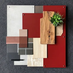 material sample board combining concrete, red painted metal, aged oak, plants, dark grey carpet, collage, architectural finishes, pinterest, trendy, expressive, warm, eye catching, interior design, industrial design,