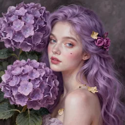 portrait of a lilac hair goddess of light through hydrangeas flowers, soft rose and dried petals, painterly, highly detailed, 8 k, by tomasz alen kopera, h 6 6 0