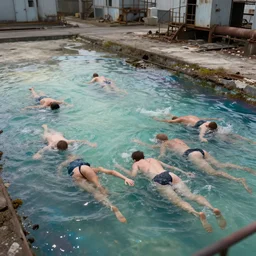 overhead view of inhuman bodies swimming in an iridescent tide oil slick at the edge of a disaused factory faded, depth of field, ultra realistic, very detailed, glitch, by nadav kander, 8 k hyper realistic detailed cinematic