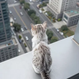 a photograph of a kitten standing on the ledge of a skyscraper looking down at the ground from above
