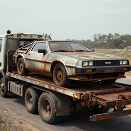 rusty, derelict 2 0 2 2 delorean time machine being dragged by a tow truck
