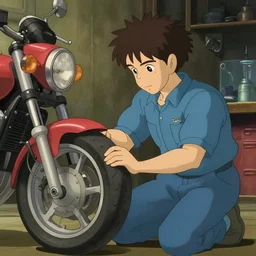 a wholesome animation key shot of a focused auto mechanic repairing the tires of a motorcycle in the workshop garage, medium shot, waist up, studio Ghibli, Pixar and Disney animation, sharp, Rendered in Unreal Engine 5, anime key art by Greg Rutkowski, Bloom, dramatic lighting
