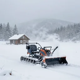 A Snowplow!! clearing a beautiful snowy landscape with a small hut in the background. A blizzard and heavy snow falls. Fog and mist, highly detailed, concept art, digital art, 4k, high snow