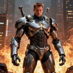 movie still frame, armored and weaponized superhero cyborg 9 0 s rob liefeld and jim lee image style, a burning city in the background, intricate details, beautiful composition, masterwork 8 k, cgi, by ridley scott, james cameron, zack snyder and michael bay