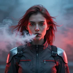 symmetry!!! closeup portrait of a cyborg vape girl, fashion mechanic jumpsuit with shiny shoulder pads, cinematic light, windy, red blue, volumetric smoke, mist, by gerald brom, by mikhail vrubel, by peter elson, muted colors, extreme detail, trending on artstation, 8 k