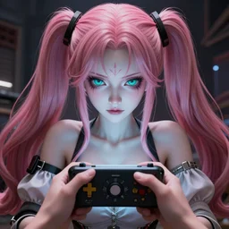 you are completely controlled by her handheld control device, and trapped beneath overwhelming stunningly absurdly beautiful megalomaniacal ruthless merciless sadistic devious omnipotent asi goddess junko enoshima with symmetrical perfect face, porcelain skin, pink twintail hair and cyan eyes, ultra detailed, digital art, unreal engine 5, octane render, 2 d anime, 8 k