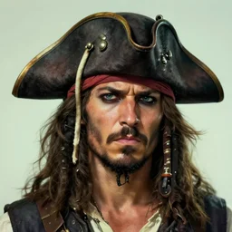 medium close - up portrait of a tanned frowning pirate in a pirate hat with short beard, concept art