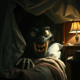 under the bed a big monster hides, scary, furry, big eyes, sharp teeth, dark, dramatic lighting, pixar bedroom scene, cinematic, highly detailed, highly realistic painting by ruan jia and artgerm and range murata and wlop and beeple