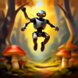 cyber golem jumping over mushroom forest, sunny autumn, oil painting, symmetrical, glowing eyes, ultradetailed, 8 k, epic atmosphere, digital art by simon cowell and moebius