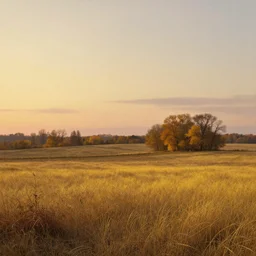 a dry flat land of pastures and farms! with yellow!!! and brown!!! grass, autumn!!!, sunset, medieval era, by asher brown durand and chesley bonestell