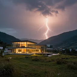 landscape photography modern glass mansion, in valley, warm lightning, beautiful, clouds, kodachrome, 4 k, hd