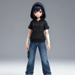 tomboy cyberpunk with hoodie and jeans and bandage on her arms, anime style