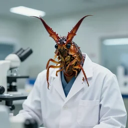 a scientist with a cockroach head.