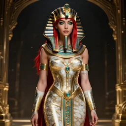 red - haired final fantasy white marble egyptian pharaoh, warframe armor, regal, attractive, ornate, sultry, sexy, beautiful, elize theron, pretty face, green eyes, scifi platform, 4 k, ultra realistic, epic lighting, illuminated, cinematic, black gold, art by alexandra petruk, voidstar