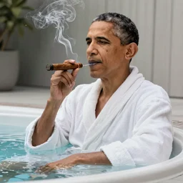 Obama wearing a bathrobe smoking a cigar in a hot tub