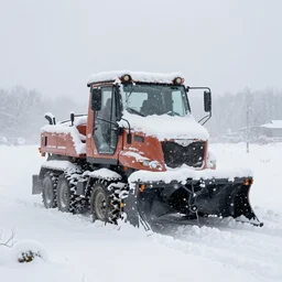 Heavy Snow falls on a Snowplow parked in a winter landscape, a blizzard and thick snow, mist and fog, concept art, highly detailed