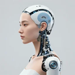 creative photo of aroused female with robotic implants on head shoulder parts with linear bright led lights, inside white room, ultra - realistic and detailed, 8 k
