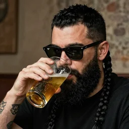 klimt long black two braided beard thick eyebrows  black short hair colin farrell ray ban glasses drinking a pint of beer