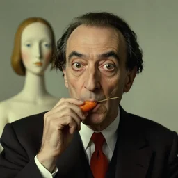 surrealist portrait of a man eating a carrot art by salvador dali and rene magritte, surreal, highly detailed, soft lighting, muted colours, 4 k