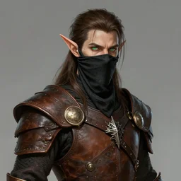 Male Wood Elf Rogue, dnd, d&d, leather armor, black bandana mask, Chest Guard, Brown Hair, green eyes, visible face, pretty face features, high fantasy, matte painting, by wlop