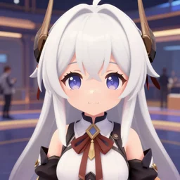 A quick camera shot of Northern Princess from Kantai Collection in vrchat. Cute screenshot from a public lobby.Round eyes , white hair,Anime 3D style ,CGI graphics