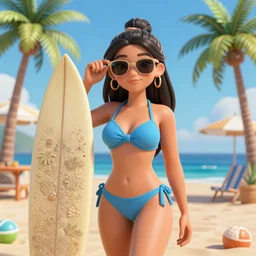 extremely attractive bikini girl on a beach with palm trees high detail 3 d render octane art station digital art detailed sunglasses surfboard beach bar summer with detailed faces
