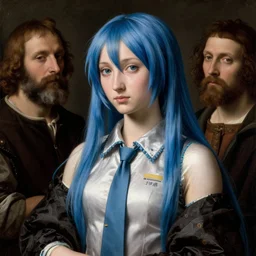 beautiful renaissance painting portrait of hatsune miku straight long blue hair by sandro botticelli, jan van eyck, tiziano vecelli, piero della francesca