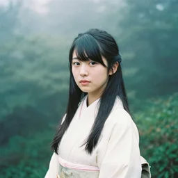 portrait bust of haruka fukuhara, film grain, kodachrome, dense forest, long black hair, classic kimono, heavy fog, backlit, princess mononoke, 4 k, greg rutkowski, shallow depth of field, dramatic lighting, sunset, hayao miyazaki, masashi ando, nizou yamamoto, kazuo oga