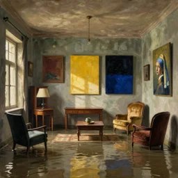 interior of a flooded old house full of furniture. painting by hammershoi, balthus, mark rothko, vermeer, monet