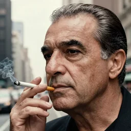 cinestil 5 0 d close up portrait of franco nero lighting a cigarette in nyc city by gastel, pale tonal matt, head in focus