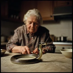 1 9 7 0 s movie still by andrei tarkovsky of a snake in a grandma kitchen by night, cinestill 8 0 0 t 3 5 mm, heavy grain, high quality, high detail, dramatic light, anamorphic, flares