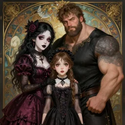 a talk goth girl and a buff handsome man, family photo, cute, intricate, highly detailed, digital painting, artstation, concept art, smooth, sharp focus, illustration, unreal engine 5, 8 k, art by artgerm and greg rutkowski and alphonse mucha