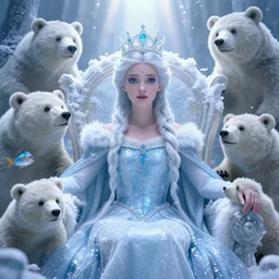 highly detailed closeup portrait of a snow, ice princess, she is wearing a crown, she is sitting on a throne surrounded by fluffy bears, nicoletta ceccoli, mark ryden, lostfish, earl nore, global illumination, god rays, detailed and intricate environment