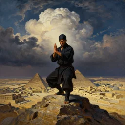 a bires - view dark orientalist close portrait of an egyptian / arabic style kung fu - monk with piercing eyes, in a fighting pose on top of a pyramid overlooking the ancient monumental egyptian ruin city at dusk under dramatic skies with billowing cumulus clouds, vertigo, wide - angle, painted by anders zorn, craig mullins