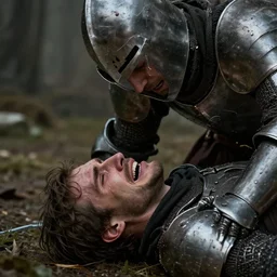 very very very closeup a knight kneeling over his dead dead dead friend lying before him and crying crying crying, by Greg Rutkowski Thomas Kincade, detailed, 4k, cinematic, intense, gritty, fantasy, two characters, tragedy, faces visible, tears