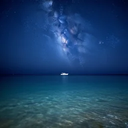 peaceful sea at night full of stars milky way visible clear waters lonely yatch at distance blue tones sharp focus hdr