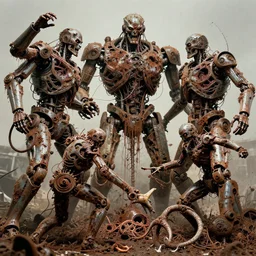 movie still of flayed god machines, each cluster battle chaos, intricately macerated by age, sentient, dethroned goliath machine, blood turbines, hydrocracking battles, rusted, macerated, eviscerated by fimbria wires, bicornate fungal pit, trash patina sheen rotting, by alberto bontempi, alex ross, shigeru kom