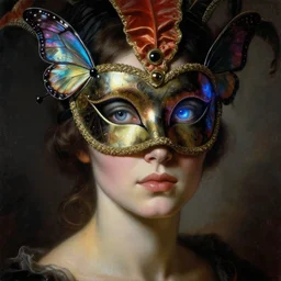 a baroque neoclassicist close - up portrait of an alien woman gazing intensely with big glowing eyes wearing an uv blacklight retrofuturistic venetian carnival mask with iridescent butterfly wings and reflective silk at a masquerade. head, face and shoulders, foggy background. renaissance portrait painting. highly detailed science fiction painting by norman rockwell, frank frazetta, and syd mead. rich colors, high contrast, gloomy atmosphere, dark background. trending on artstation