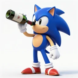 sonic the hedgehog drinking from a bottle of wine, ultra - realistic digital art with face detail, beach scene, body details, face details, detailed hair on sonic