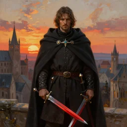 man wearing a cloak and holding two red daggers, cinematic, sunset, medieval city background, painting, art