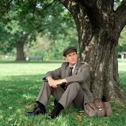 a detective from the 5 0's, sitting in a park under a big tree