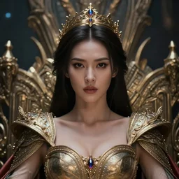 closeup portrait of a strong fierce beautiful young asian queen with medium length hair, sitting on her throne, mother of mankind, ruler of the universe, future year 3 0 0 0, highly detailed, intricate, elegant, hyperrealism, digital art by ross tran and artgerm and greg rutkwowski and wlop, 8 k hd