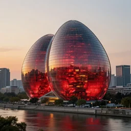 A beautiful architectural rendering of a blob shaped trypophobia house with a mysterious red glow emitting from inside in a modern cityscape next to a river, stunning, gorgeous, golden ratio, photorealistic, featured on artstation, 4k resolution