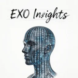 A Head in binary, techno with words EXO Insights drawn above