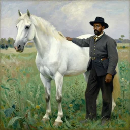 a painting of a black man next to a beautiful white horse in a weed field, in the style of edouard manet, amazing detail