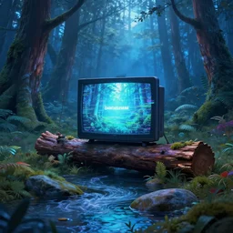 a tv on a log in a magical blue forest, heavily stylized, glitchy, misty, woodland creek, river rock, featured on artstation