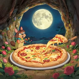a wholesome animation key shot of a cute pizza filled cave cave panorama with giant moon, studio ghibli, pixar and disney animation, sharp, rendered in gouache painting, anime gouache key art by greg rutkowski, bloom, dramatic, dynamic lighting