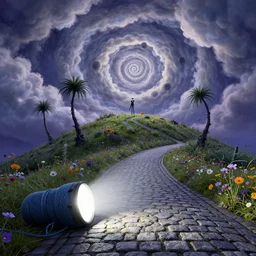 flash light, yarn, curled perspective digital art of spiral clouds cobblestone street with wildflowers top of a hill with spiral palmtrees from nightmare before christmas. horton hears a who!