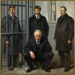 a very sad fate of vladimir putin at his old age in prison. detailed painting by valentin serov victor vasnetsov and ilya repin. tretyakov gallery, moscow