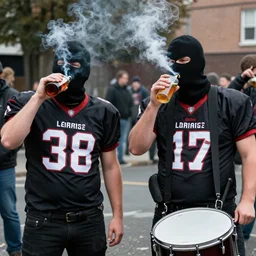two thugs smoking and drinking in the street wearing balaclavas, drum & bass, football hooligans, pressshot